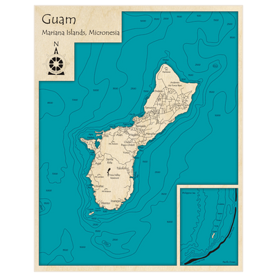 Bathymetric topo map of Guam (with Mariana Trench inset) with roads, towns and depths noted in blue water