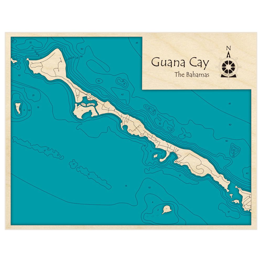 Bathymetric topo map of Guana Cay with roads, towns and depths noted in blue water
