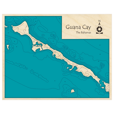 Bathymetric topo map of Guana Cay with roads, towns and depths noted in blue water