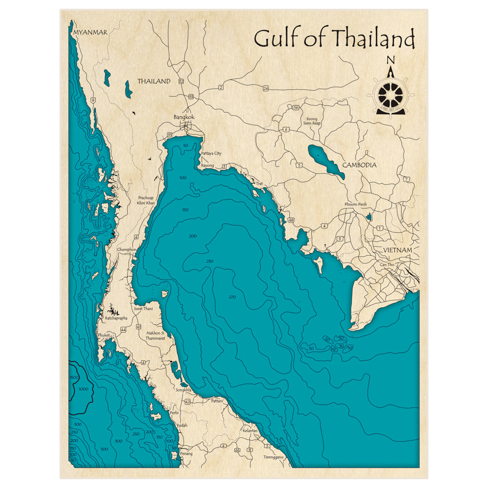 Bathymetric topo map of Gulf of Thailand with roads, towns and depths noted in blue water