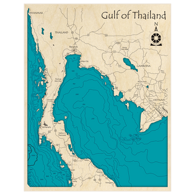 Bathymetric topo map of Gulf of Thailand with roads, towns and depths noted in blue water