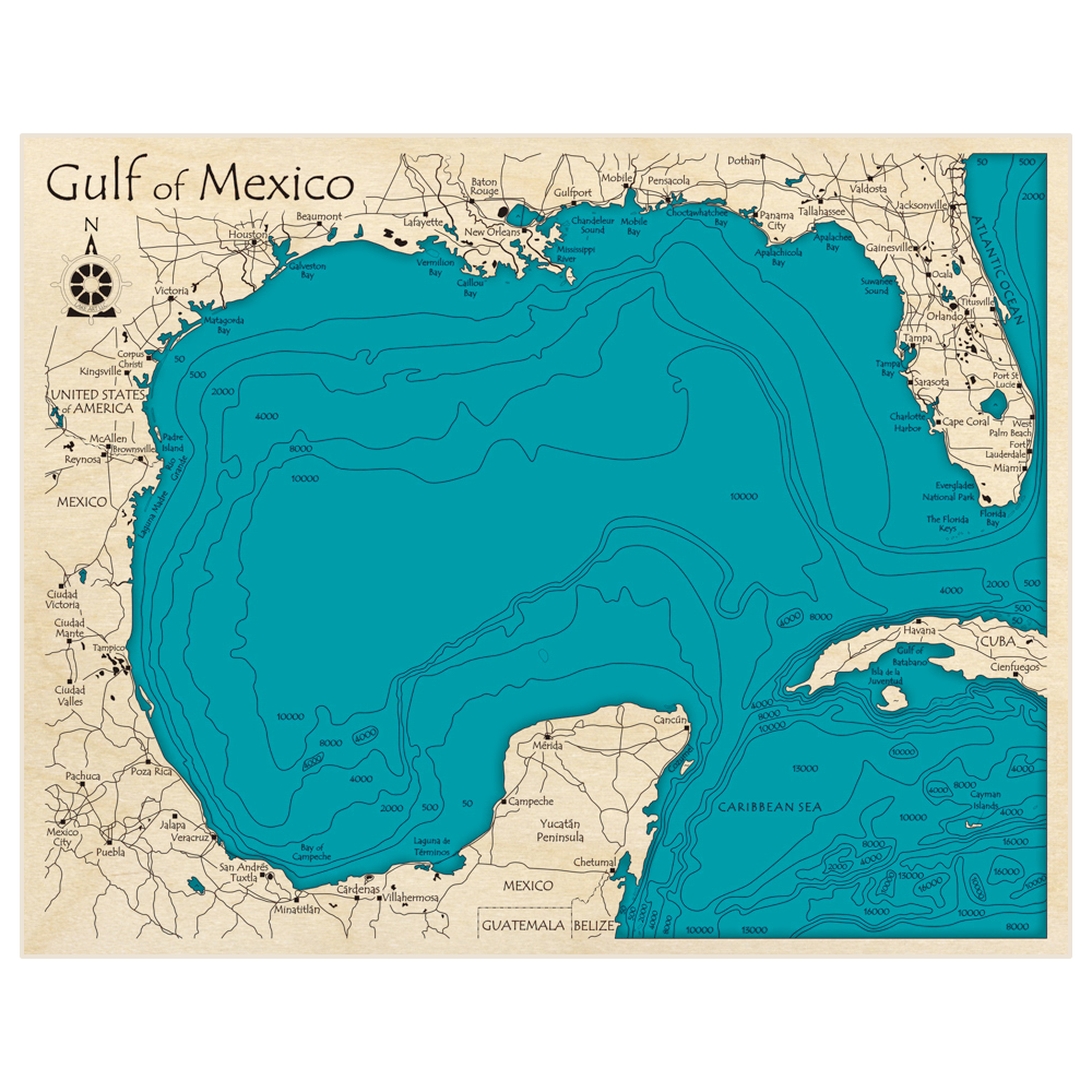 Bathymetric topo map of Gulf of Mexico with roads, towns and depths noted in blue water