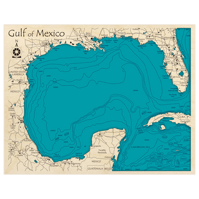 Bathymetric topo map of Gulf of Mexico with roads, towns and depths noted in blue water