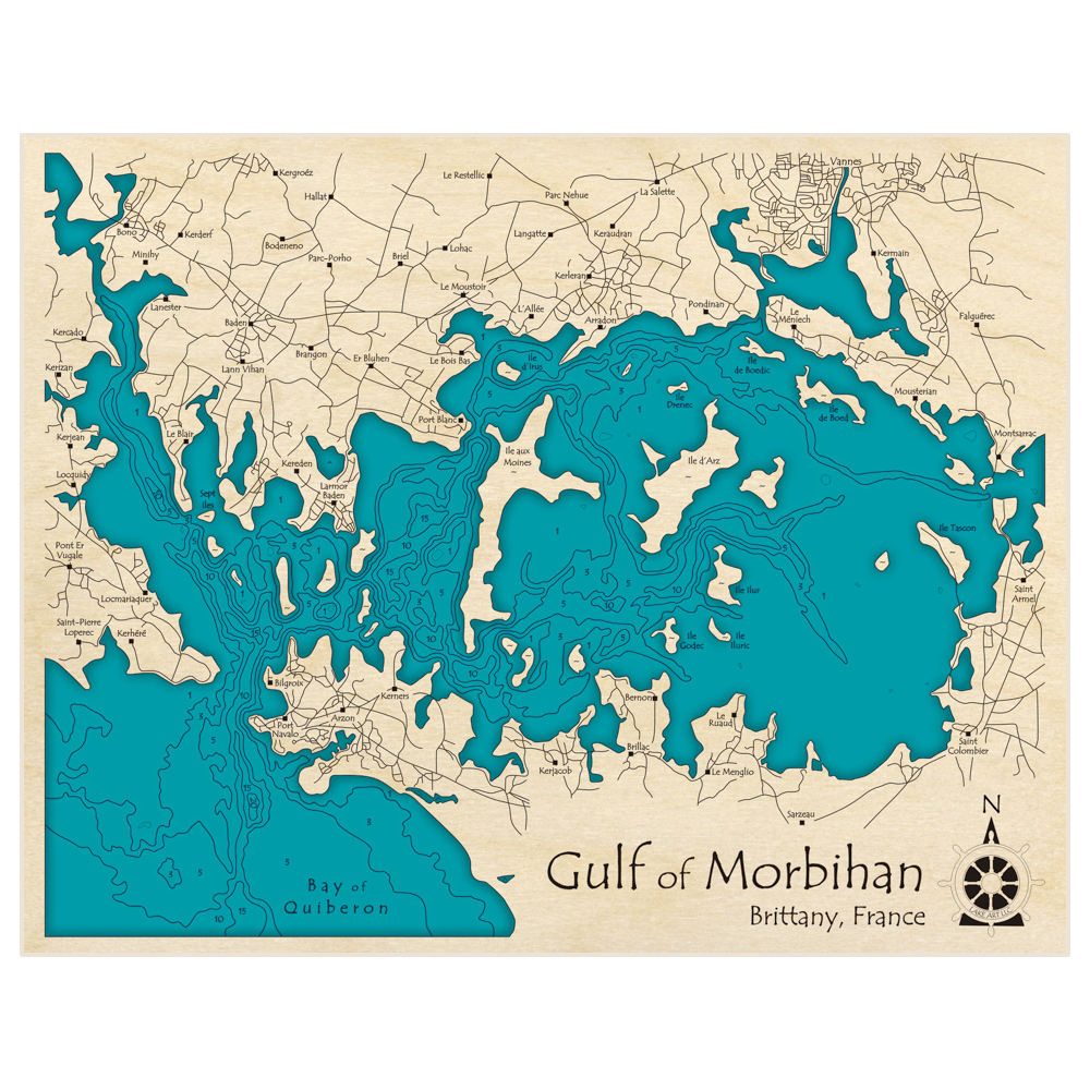 Bathymetric topo map of Gulf of Morbihan with roads, towns and depths noted in blue water