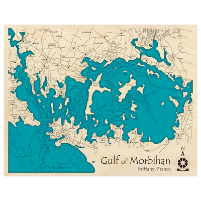 Bathymetric topo map of Gulf of Morbihan with roads, towns and depths noted in blue water