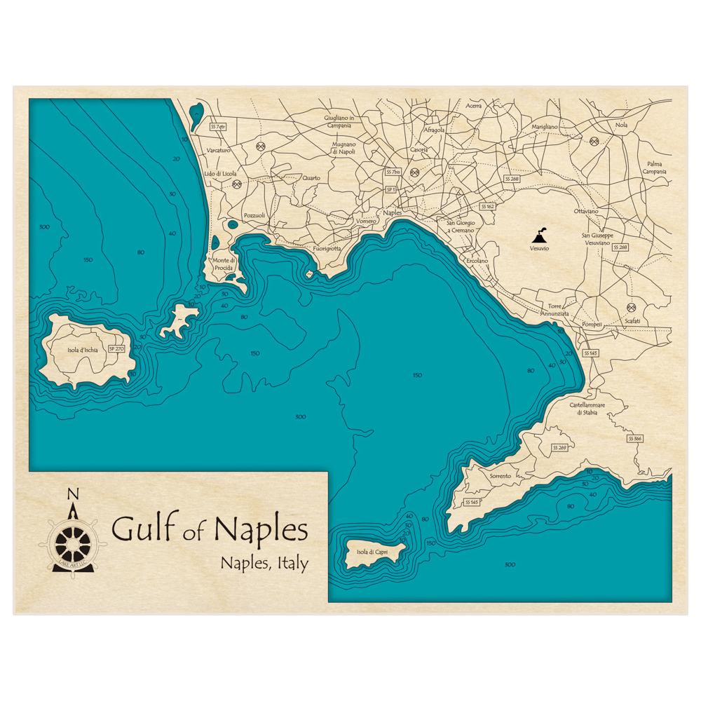 Bathymetric topo map of Gulf of Naples with roads, towns and depths noted in blue water