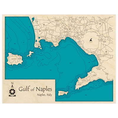 Bathymetric topo map of Gulf of Naples with roads, towns and depths noted in blue water