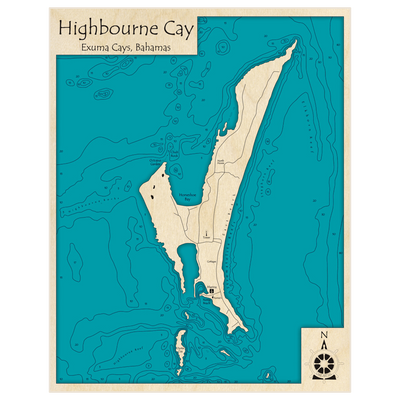 Bathymetric topo map of Highborne Cay with roads, towns and depths noted in blue water