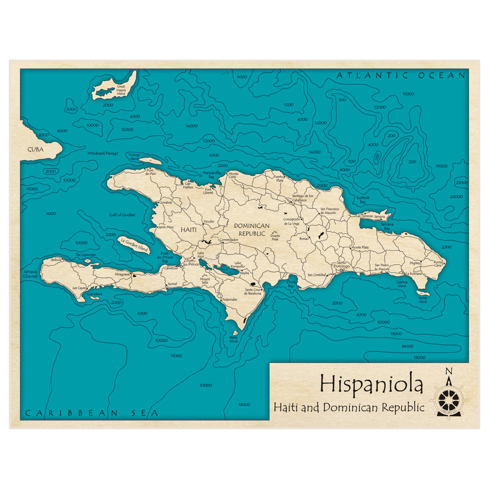 Bathymetric topo map of Hispaniola (Haiti and Dominican Republic) with roads, towns and depths noted in blue water