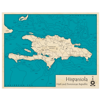 Bathymetric topo map of Hispaniola (Haiti and Dominican Republic) with roads, towns and depths noted in blue water