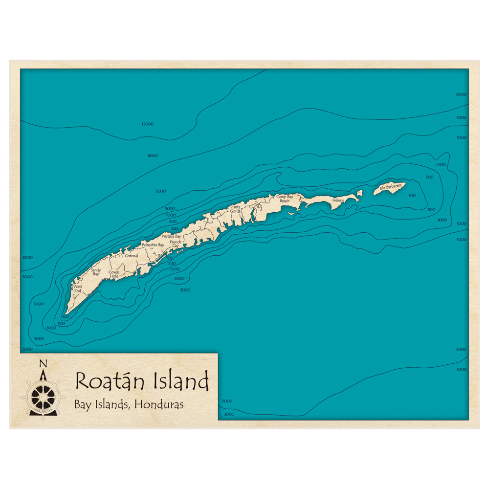 Bathymetric topo map of Roatan Island with roads, towns and depths noted in blue water