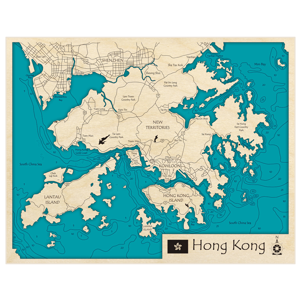 Bathymetric topo map of Hong Kong with roads, towns and depths noted in blue water