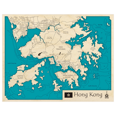Bathymetric topo map of Hong Kong with roads, towns and depths noted in blue water