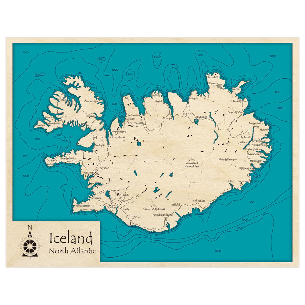 Bathymetric topo map of Iceland with roads, towns and depths noted in blue water