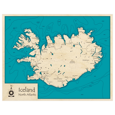 Bathymetric topo map of Iceland with roads, towns and depths noted in blue water