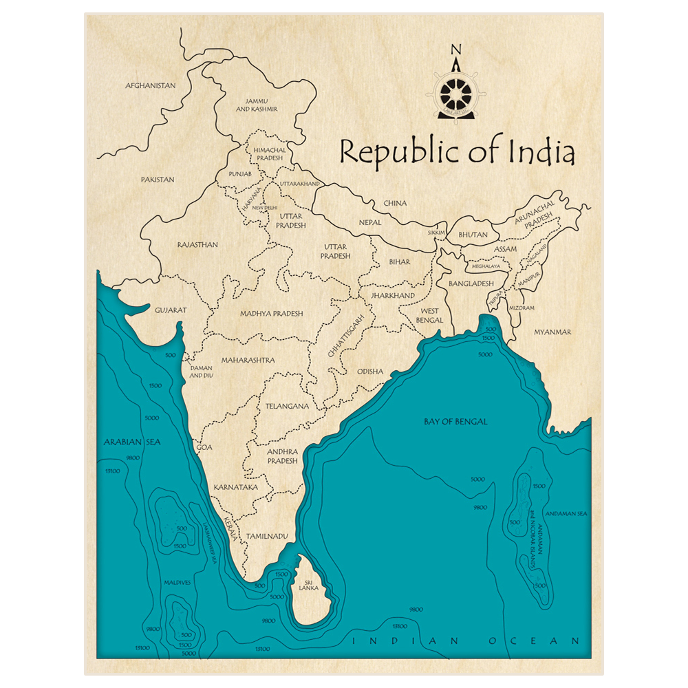 Bathymetric topo map of India with roads, towns and depths noted in blue water