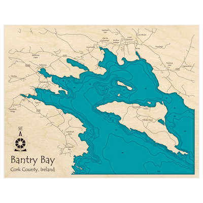 Bathymetric topo map of Bantry Bay (rotated with South East at top, zoomed in at Whiddy Island) with roads, towns and depths noted in blue water