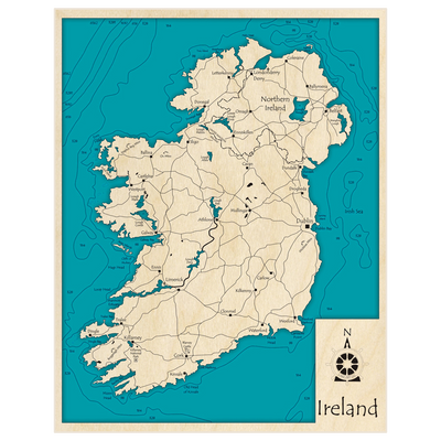 Bathymetric topo map of Ireland with roads, towns and depths noted in blue water