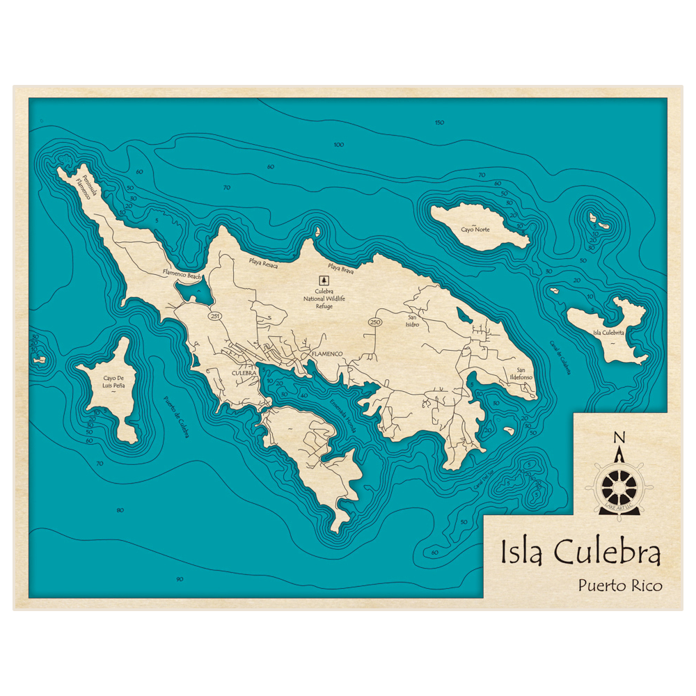 Bathymetric topo map of Isla Culebra with roads, towns and depths noted in blue water