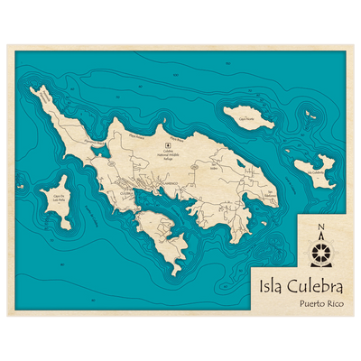 Bathymetric topo map of Isla Culebra with roads, towns and depths noted in blue water