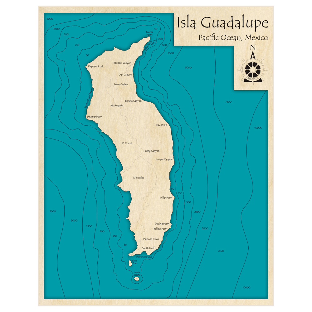Bathymetric topo map of Isla Guadalupe with roads, towns and depths noted in blue water
