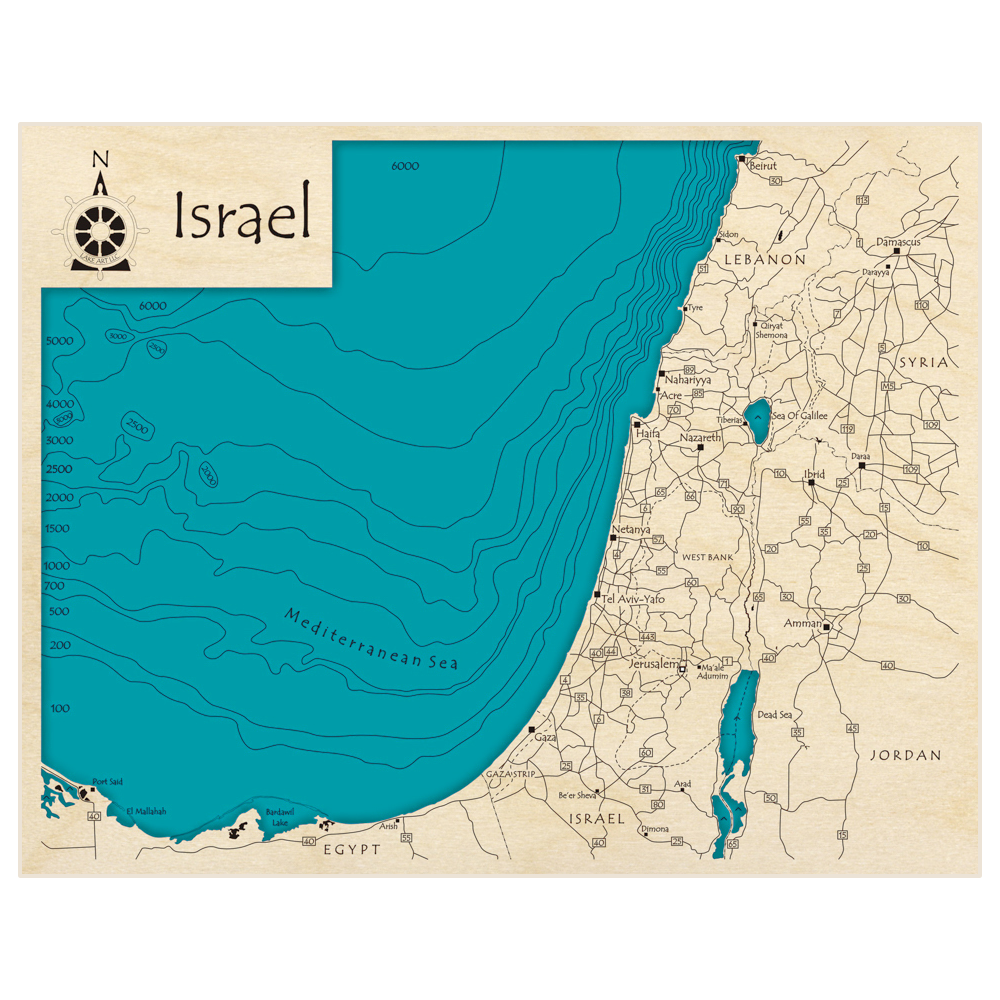 Bathymetric topo map of Israel  (focused on northern and central region at coast, does not show Negev desert) with roads, towns and depths noted in blue water