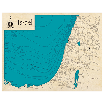 Bathymetric topo map of Israel  (focused on northern and central region at coast, does not show Negev desert) with roads, towns and depths noted in blue water