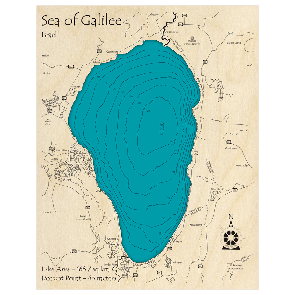 Bathymetric topo map of Sea of Galilee with roads, towns and depths noted in blue water