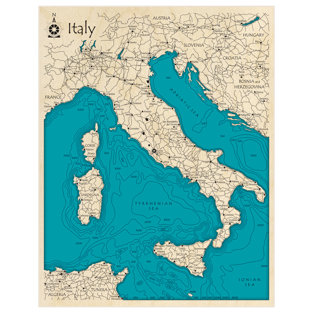 Bathymetric topo map of Italy (Entire Country) with roads, towns and depths noted in blue water