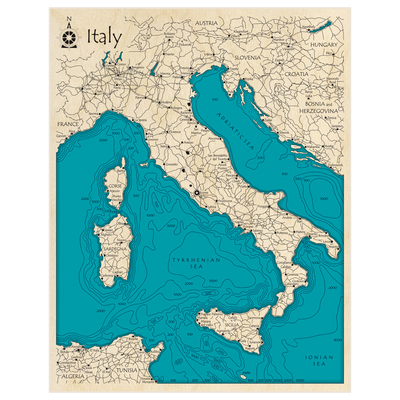 Bathymetric topo map of Italy (Entire Country) with roads, towns and depths noted in blue water