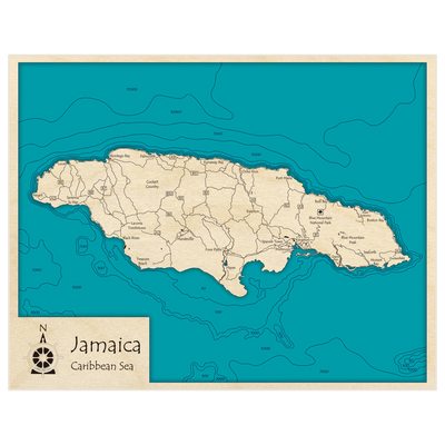 Bathymetric topo map of Jamaica with roads, towns and depths noted in blue water