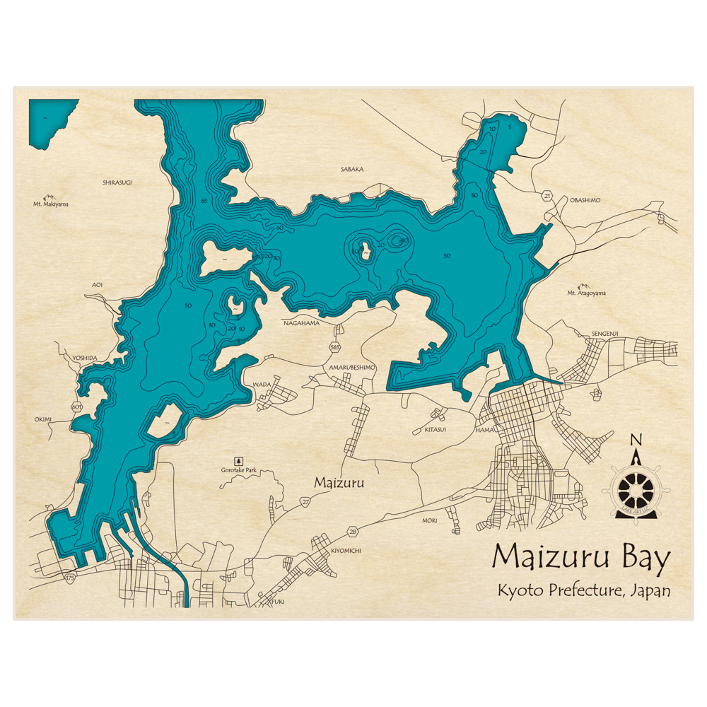 Bathymetric topo map of Maizuru with roads, towns and depths noted in blue water