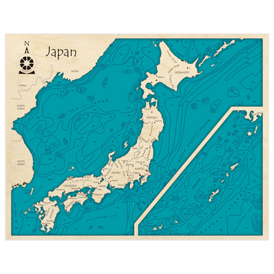 Bathymetric topo map of Japan with roads, towns and depths noted in blue water