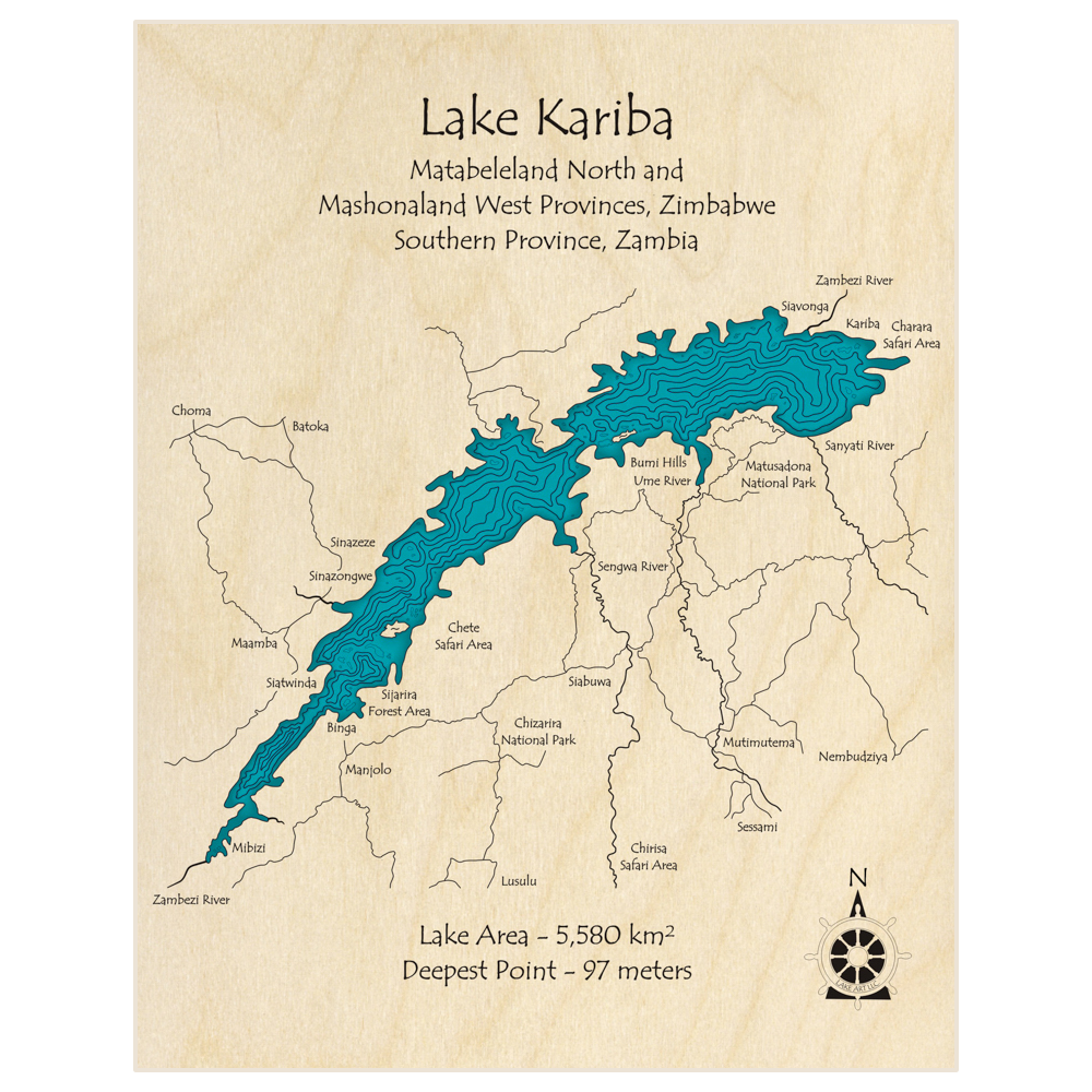 Bathymetric topo map of Lake Kariba  with roads, towns and depths noted in blue water
