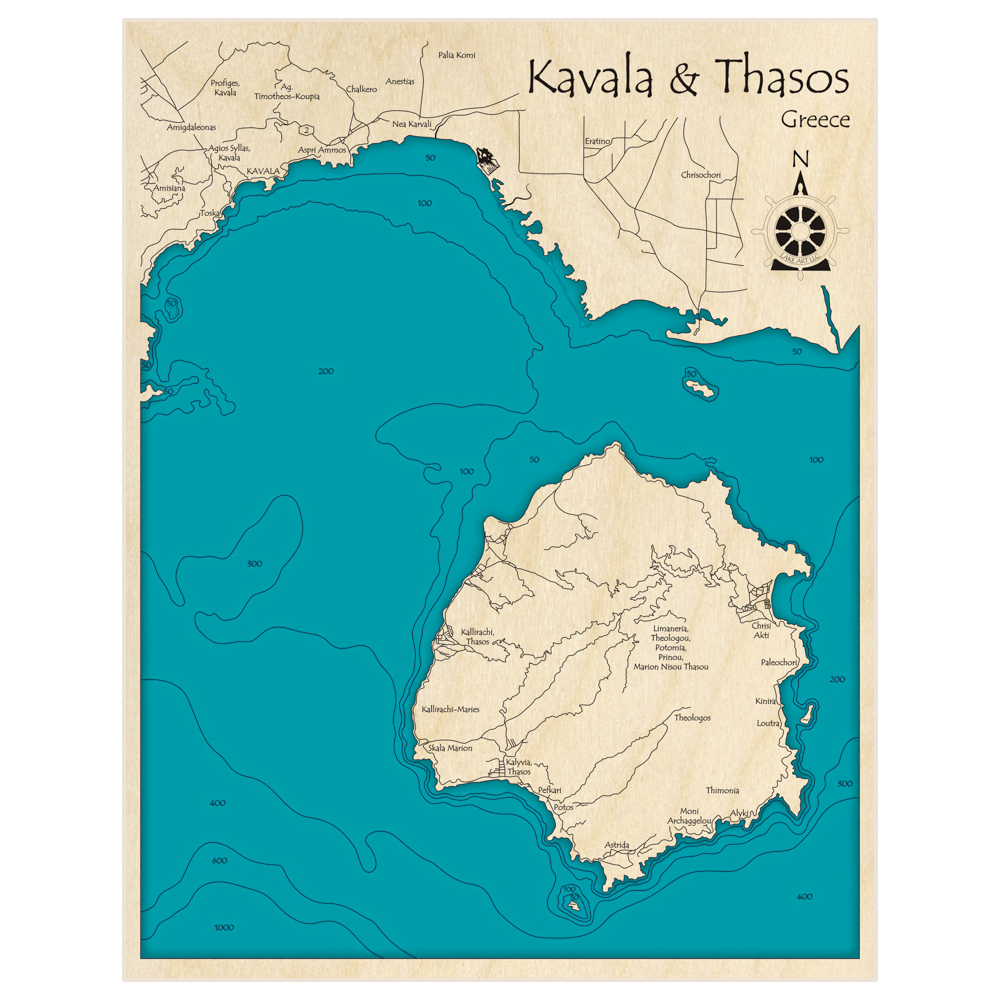 Bathymetric topo map of Kavala and Thasos with roads, towns and depths noted in blue water