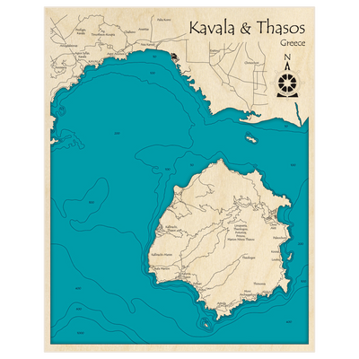 Bathymetric topo map of Kavala and Thasos with roads, towns and depths noted in blue water