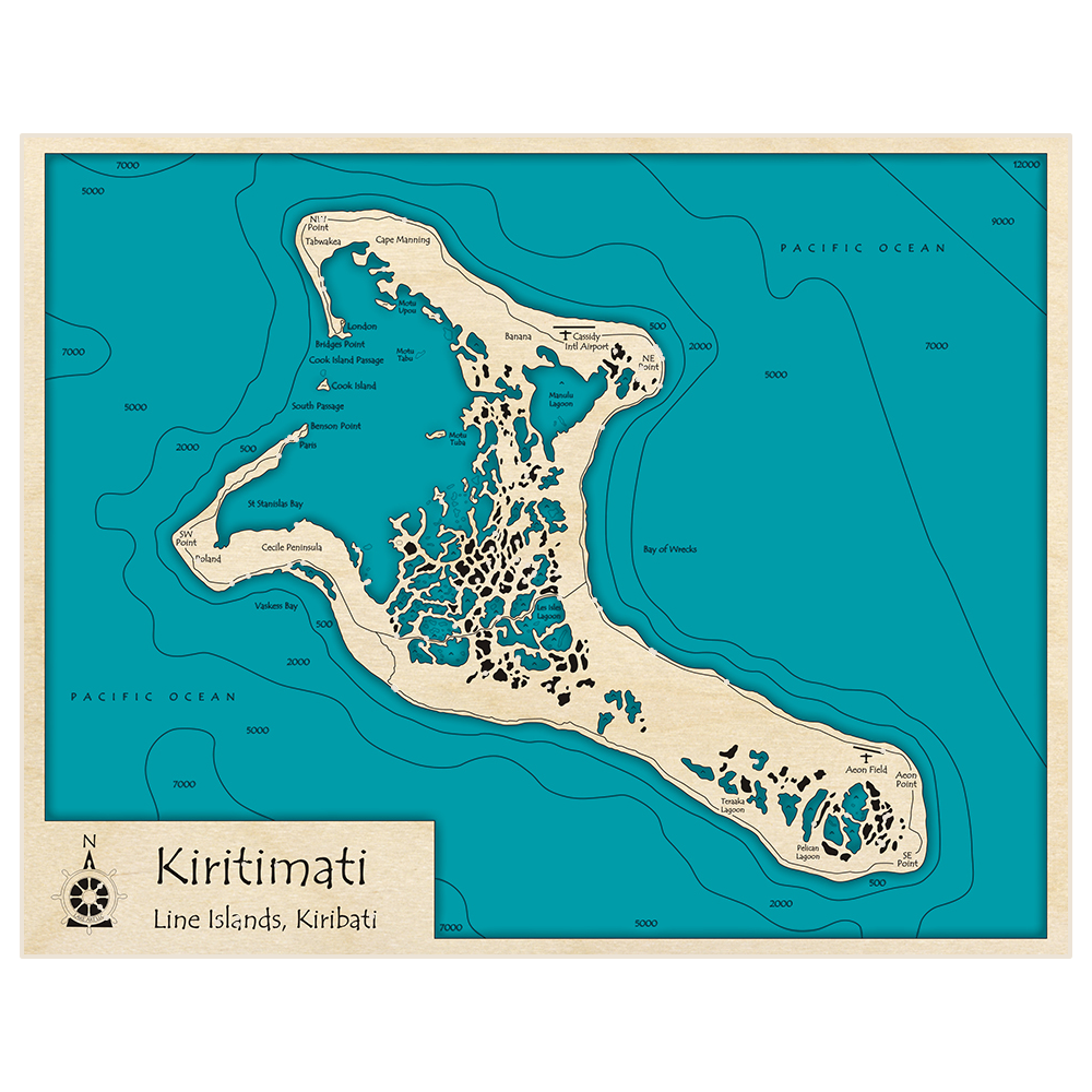 Bathymetric topo map of Kiritimati with roads, towns and depths noted in blue water