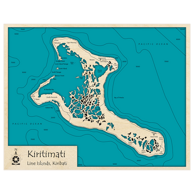 Bathymetric topo map of Kiritimati with roads, towns and depths noted in blue water