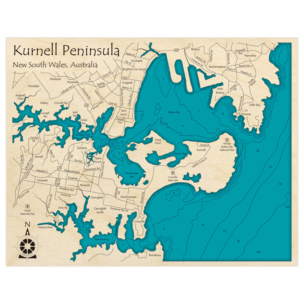 Bathymetric topo map of Kurnell Peninsula with roads, towns and depths noted in blue water