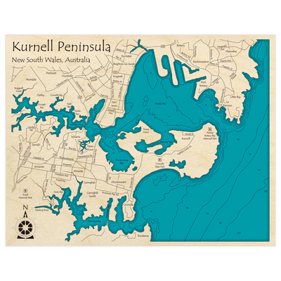 Bathymetric topo map of Kurnell Peninsula with roads, towns and depths noted in blue water