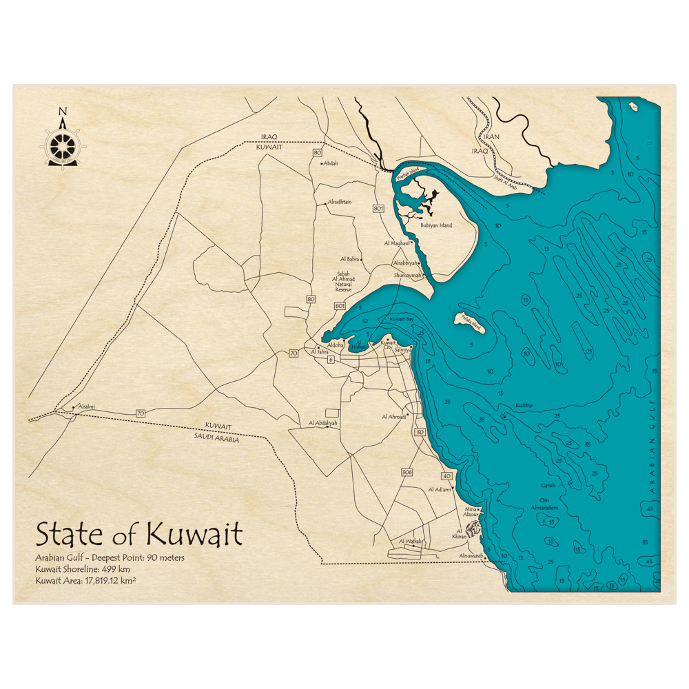 Bathymetric topo map of Kuwait with roads, towns and depths noted in blue water