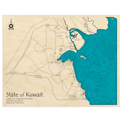 Bathymetric topo map of Kuwait with roads, towns and depths noted in blue water