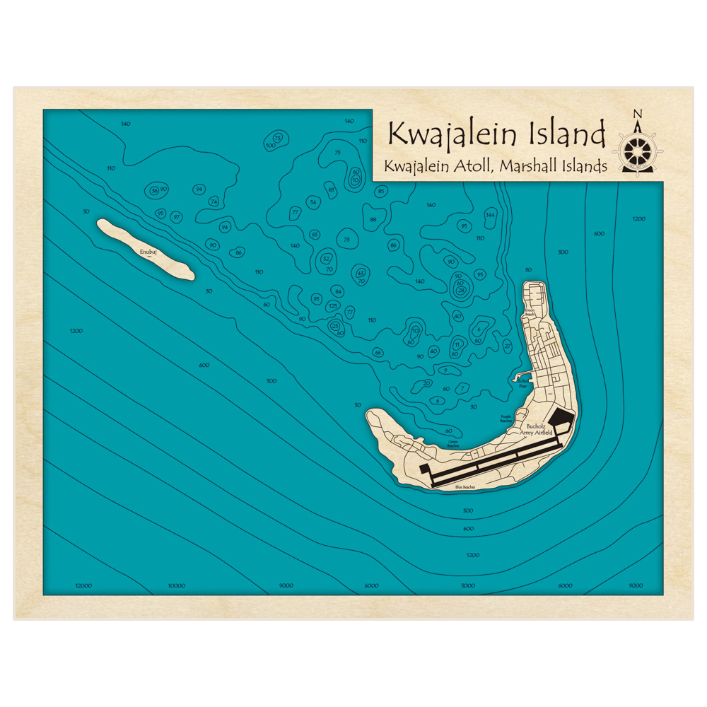 Bathymetric topo map of Kwajalein Island and Enubuj with roads, towns and depths noted in blue water