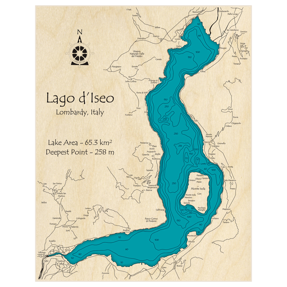 Bathymetric topo map of Lago dIseo with roads, towns and depths noted in blue water