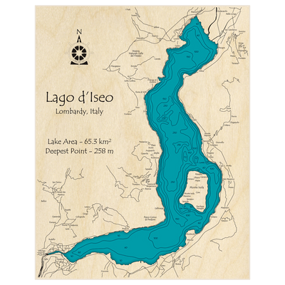 Bathymetric topo map of Lago dIseo with roads, towns and depths noted in blue water