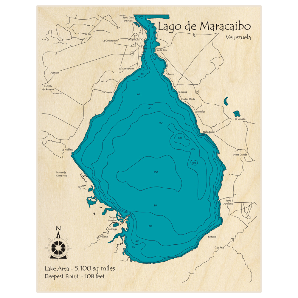Bathymetric topo map of Lago de Maracaibo with roads, towns and depths noted in blue water