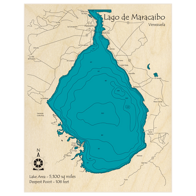 Bathymetric topo map of Lago de Maracaibo with roads, towns and depths noted in blue water