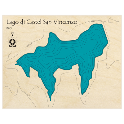 Bathymetric topo map of Lago di Castel San Vincenzo  with roads, towns and depths noted in blue water