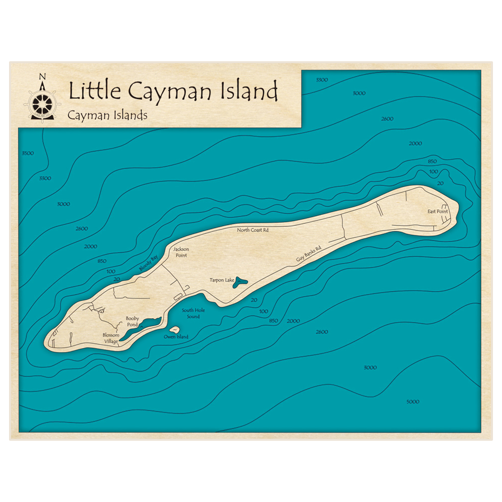 Bathymetric topo map of Little Cayman Island with roads, towns and depths noted in blue water
