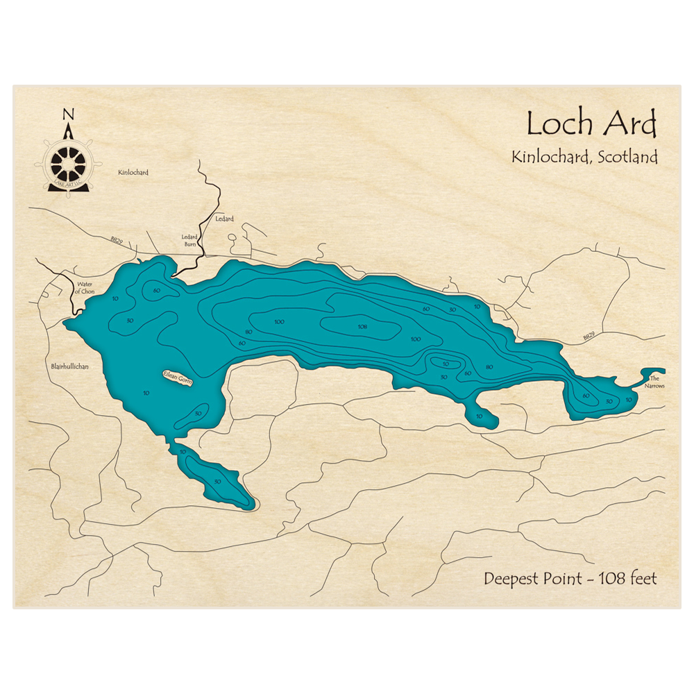 Bathymetric topo map of Loch Ard with roads, towns and depths noted in blue water